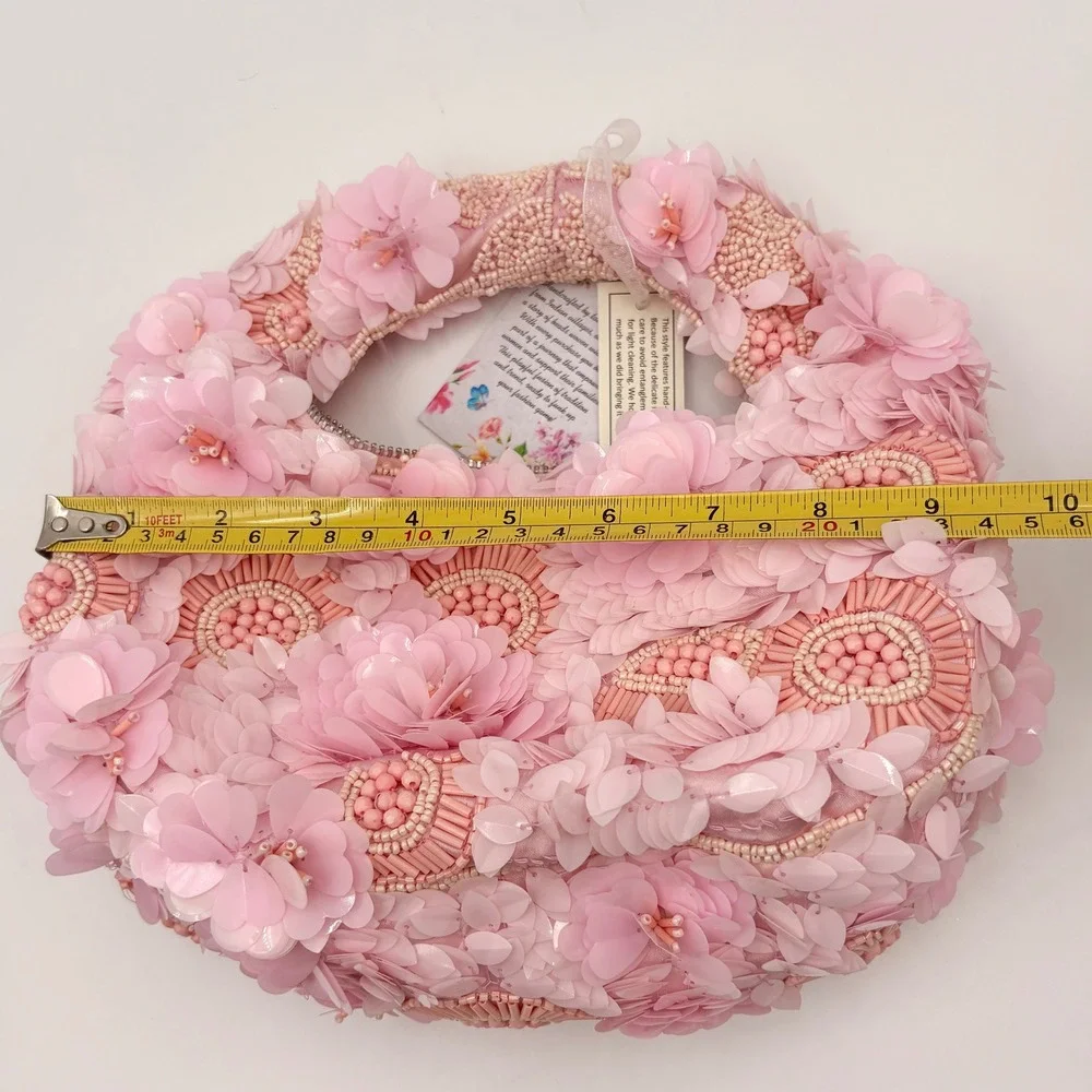 Handcrafted in India Pink 3D Sequin Flower Beaded Hobo Bag Evening Top Handle